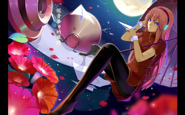 Anime picture 1440x900 with vocaloid megurine luka long hair blue eyes wide image pink hair chinese clothes girl flower (flowers) pantyhose headphones moon chinese dress