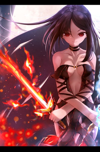 Anime-Bild 1500x2277 mit fate (series) fate/grand order yu mei-ren (fate) jiang xin single tall image looking at viewer fringe breasts light erotic smile hair between eyes red eyes brown hair standing holding very long hair wind blurry letterboxed