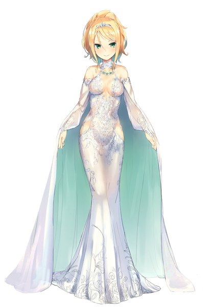 Anime picture 743x1083 with original nanashina (artist) single tall image looking at viewer blush fringe short hair breasts light erotic simple background blonde hair smile hair between eyes standing white background bare shoulders green eyes payot cleavage