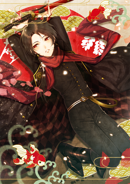 Anime picture 750x1060 with touken ranbu nitroplus kashuu kiyomitsu niiko single long hair tall image blush fringe black hair red eyes holding looking away full body bent knee (knees) lying nail polish parted lips arms up on back