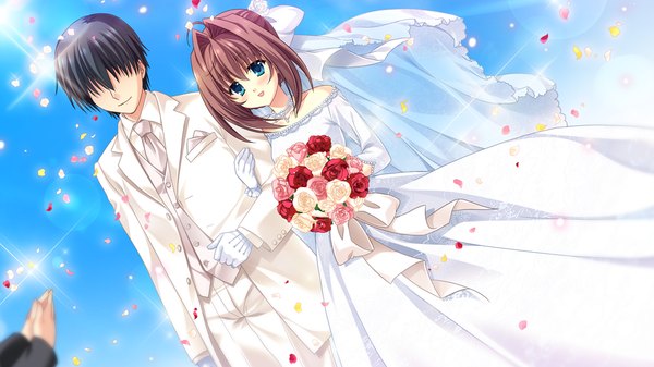 Аниме картинка 1024x576 с da capo ii dearest marriage asakura otome takano yuki (allegro mistic) румянец чёлка короткие волосы голубые глаза чёрные волосы улыбка каштановые волосы широкое изображение волосы прикрывают глаз пара свадьба девушка платье цветок (цветы) букет свадебное платье