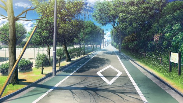 Anime picture 2048x1152 with wan nyan a la mode! highres wide image game cg shadow no people landscape plant (plants) tree (trees) road