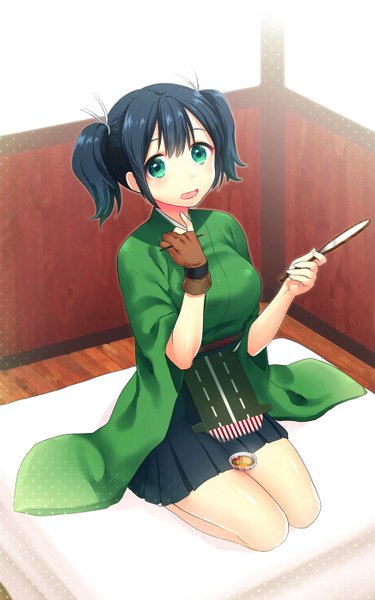 Anime picture 872x1393 with kantai collection souryuu aircraft carrier souryuu (kantai collection) konno rei single tall image looking at viewer blush short hair open mouth twintails green eyes blue hair full body traditional clothes short twintails girl mirror