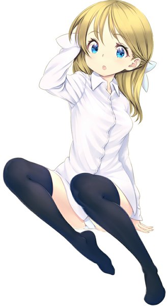 Anime picture 551x1000 with original zizi (zz22) single long hair tall image looking at viewer open mouth blue eyes light erotic simple background blonde hair white background girl thighhighs underwear panties black thighhighs shirt white shirt