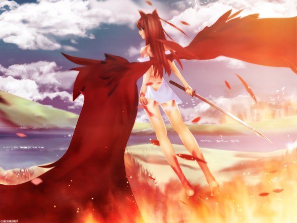Anime picture 1280x960 with hakua ugetsu sword wings fire