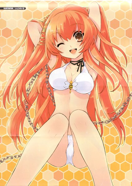Anime picture 2106x2974 with bee-be-beat it! kujou hachie itou noiji single long hair tall image blush highres breasts open mouth light erotic brown eyes cleavage one eye closed wink scan orange hair wet happy body blush