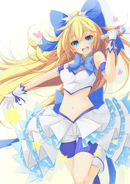 Anime picture 1000x1414 with joukamachi no dandelion production ims sakurada hikari maru-pen single long hair tall image looking at viewer fringe open mouth blue eyes blonde hair bent knee (knees) ponytail bare belly outstretched arm girl gloves navel bow