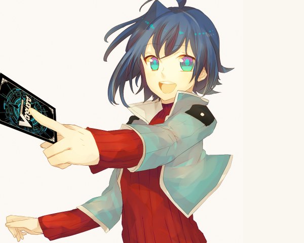 Anime picture 1280x1024 with cardfight!! vanguard sendo aichi kyama single short hair open mouth simple background smile white background green eyes blue hair ahoge boy jacket card (cards)