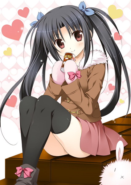 Anime picture 1451x2048 with alice or alice kisaki (alice or alice) korie riko single long hair tall image looking at viewer blush fringe light erotic black hair simple background smile hair between eyes sitting twintails holding brown eyes payot head tilt