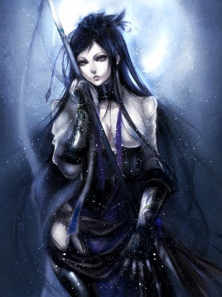 Anime picture 1000x1333 with original sasaki ryou single long hair tall image looking at viewer breasts light erotic black hair standing grey eyes snowing pale skin girl thighhighs hair ornament weapon black thighhighs choker armor