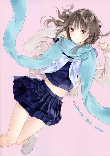 Anime picture 2454x3486 with original melbook. 2014 winter (artbook) kishida mel single long hair tall image looking at viewer blush fringe highres brown hair brown eyes bent knee (knees) lying pleated skirt from above scan open clothes bare belly no shoes