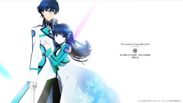 Anime picture 1920x1080 with mahouka koukou no rettousei shiba miyuki shiba tatsuya long hair highres short hair blue eyes wide image blue hair couple girl dress boy uniform weapon school uniform gun