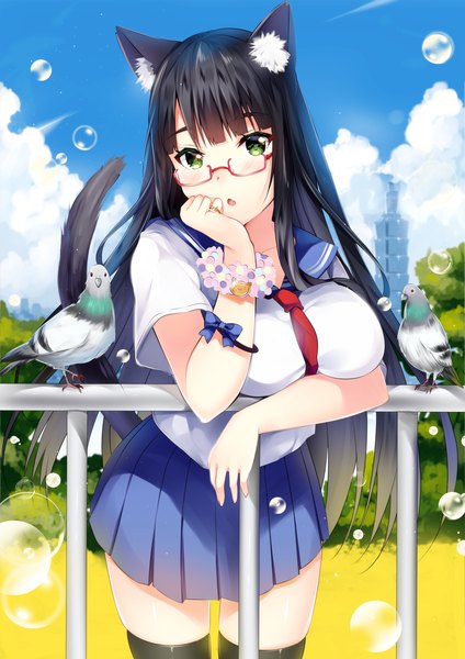 Anime-Bild 1202x1700 mit original usagihime single long hair tall image looking at viewer blush fringe open mouth black hair green eyes animal ears sky cloud (clouds) tail blunt bangs animal tail cat ears cat girl cat tail