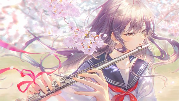 Anime picture 2500x1411 with original haru (hiyori-kohal) single long hair blush fringe highres hair between eyes wide image holding yellow eyes looking away upper body outdoors parted lips wind grey hair mole mole under eye cherry blossoms