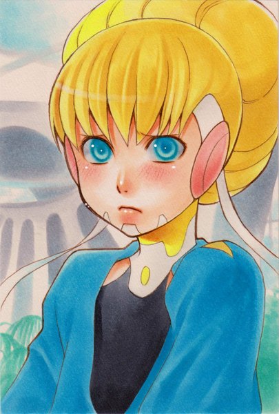 Anime picture 1181x1748 with space dandy studio bones adelie (space dandy) seef single tall image looking at viewer blush fringe short hair blue eyes blonde hair hair bun (hair buns) portrait traditional media girl headphones