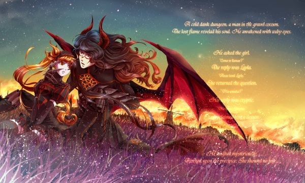 Anime picture 2500x1500 with seisen no iberia sound horizon shaytan layla long hair highres red eyes brown hair wide image sitting sky ponytail horn (horns) orange hair inscription tattoo night sky couple hug city
