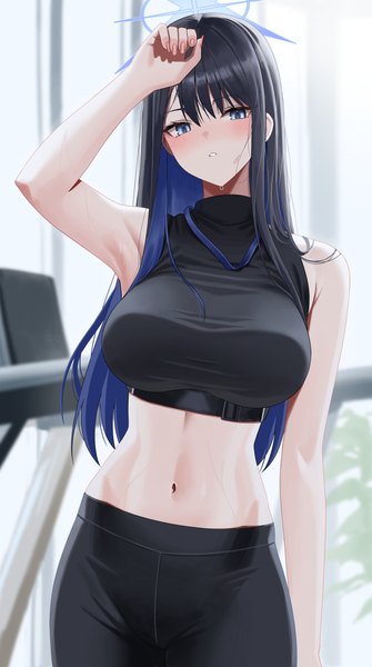 Anime picture 2898x5193 with blue archive saori (blue archive) re-leaf single long hair tall image looking at viewer blush fringe highres breasts blue eyes light erotic black hair hair between eyes large breasts bare shoulders indoors parted lips multicolored hair