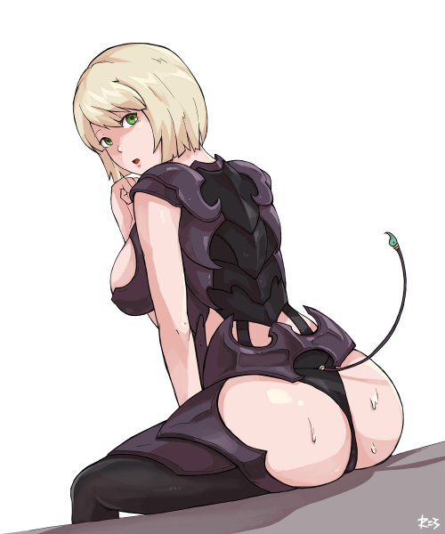 Anime picture 2000x2400 with blade & soul rebell (artist) single tall image highres short hair breasts open mouth light erotic blonde hair large breasts green eyes ass sweat girl