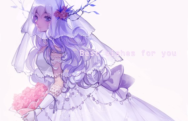 Anime picture 3632x2346 with original longyu single long hair looking at viewer highres simple background white background purple eyes absurdres purple hair horn (horns) text wavy hair english girl dress gloves flower (flowers) white gloves