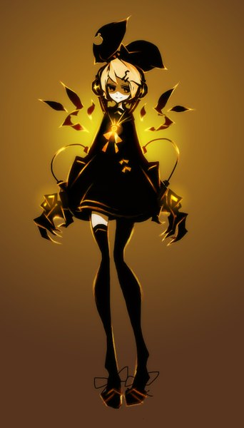 Anime picture 881x1544 with vocaloid kagamine rin kiku (kicdoc) single tall image looking at viewer short hair blonde hair smile yellow eyes girl thighhighs dress hair ornament ribbon (ribbons) black thighhighs hair ribbon wings headphones black dress