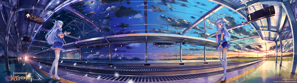 Anime picture 3840x1080 with original toshi (www000wj) long hair highres wide image purple eyes multiple girls blue hair sky cloud (clouds) evening sunset panorama long image girl thighhighs skirt uniform hair ornament 2 girls