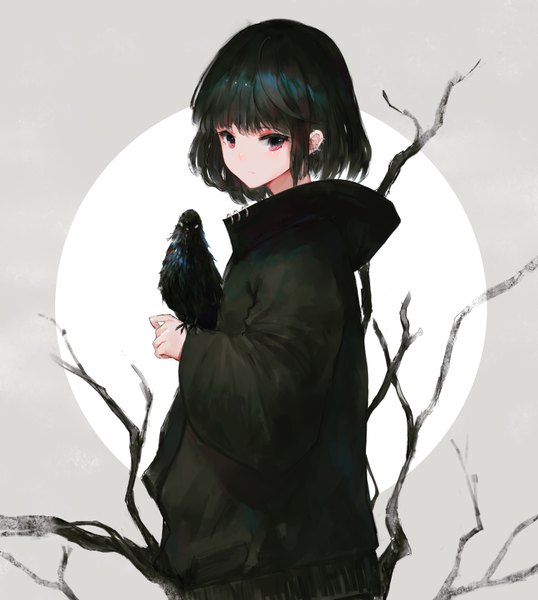 Anime picture 3000x3346 with original kisei2 single tall image looking at viewer blush fringe highres short hair black hair simple background red eyes standing blunt bangs long sleeves piercing sleeves past wrists ear piercing bare tree bird on hand