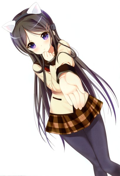 Anime picture 4737x6966 with jinsei endou rino nanase meruchi single long hair tall image looking at viewer blush fringe highres black hair simple background standing white background purple eyes animal ears absurdres pleated skirt cat ears scan