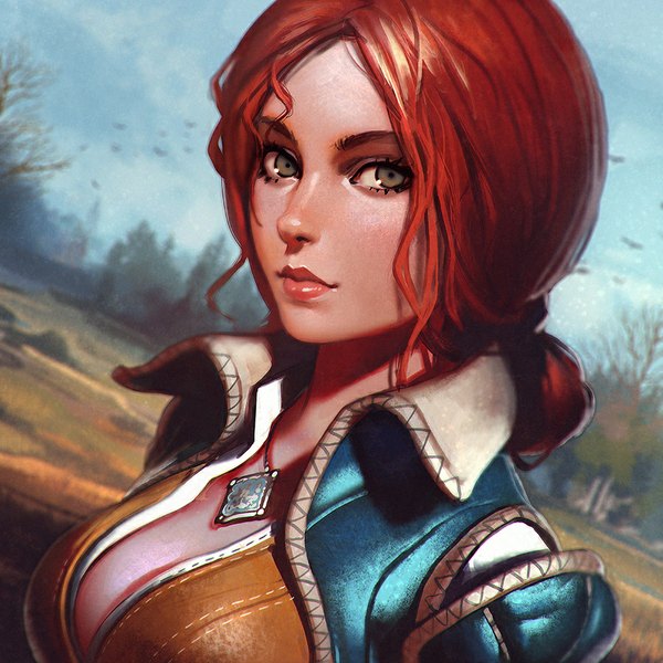 Anime picture 900x900 with the witcher the witcher 3 wild hunt the witcher 2 assassins of kings triss merigold ilya kuvshinov single looking at viewer short hair breasts red hair lips realistic grey eyes girl choker clothes