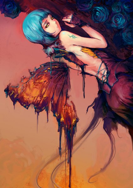 Anime picture 600x849 with original asuka111 single tall image looking at viewer fringe short hair bare shoulders yellow eyes blue hair looking back tattoo lacing insect wings butterfly wings girl dress gloves flower (flowers) wings