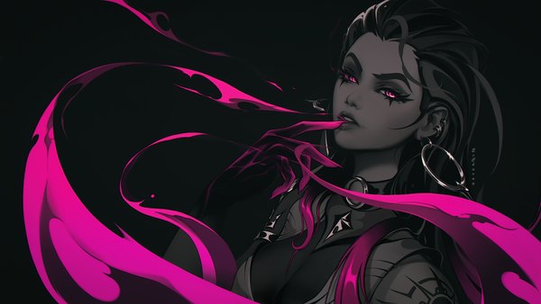 Anime picture 2560x1440 with valorant reyna (valorant) excharny single long hair looking at viewer highres simple background wide image signed upper body parted lips pink eyes fingernails lips wallpaper piercing finger to mouth black background ear piercing