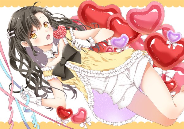 Anime picture 1382x975 with original aoi ari single long hair blush open mouth black hair yellow eyes girl dress gloves bow ribbon (ribbons) food white gloves heart sweets candy lollipop