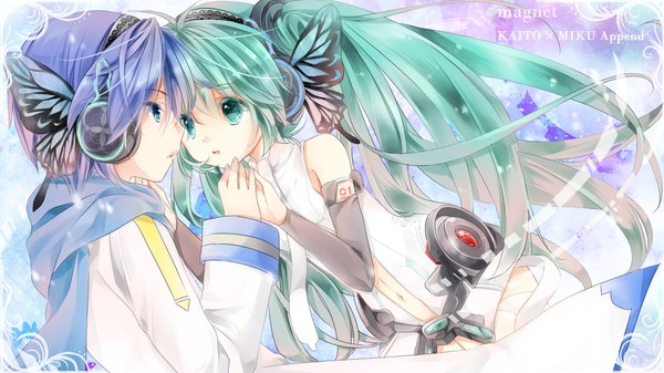 Anime picture 1600x900 with vocaloid vocaloid append magnet (vocaloid) hatsune miku kaito (vocaloid) hatsune miku (append) hachimitsu (127032) long hair short hair blue eyes wide image twintails bare shoulders blue hair aqua eyes aqua hair couple holding hands insect wings butterfly wings