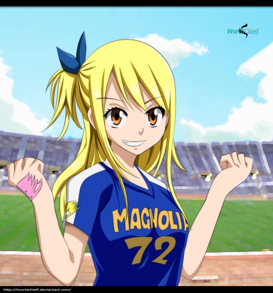Anime picture 1765x1890 with fairy tail lucy heartfilia lworldchiefl single long hair tall image highres blonde hair smile brown eyes sky cloud (clouds) tattoo grin one side up coloring girl uniform bow hair bow