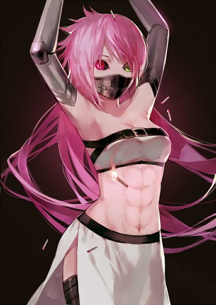 Anime-Bild 709x1000 mit original cotta single long hair tall image looking at viewer fringe simple background pink hair cleavage hair over one eye arms up bare belly armpit (armpits) heterochromia muscle mechanical parts girl navel fire