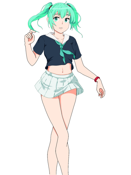 Anime picture 1500x2000 with vocaloid hatsune miku shugo19 single long hair tall image fringe light erotic smile standing twintails aqua eyes green hair bare legs bare belly crossed legs short twintails girl skirt miniskirt