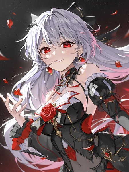 Anime picture 1875x2500 with honkai impact 3rd honkai (series) theresa apocalypse theresa apocalypse (luna kindred) theresa apocalypse (lunar vow: crimson love) heartki single long hair tall image looking at viewer fringe highres breasts smile hair between eyes red eyes standing bare shoulders silver hair parted lips