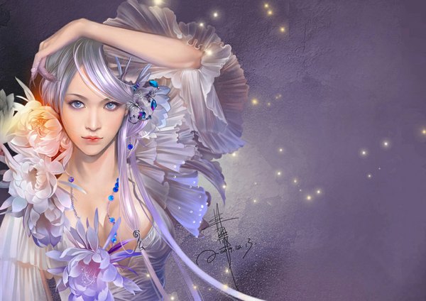 Anime picture 1024x724 with feimo single long hair blue eyes signed silver hair fingernails lips realistic light long fingernails girl dress flower (flowers) beads