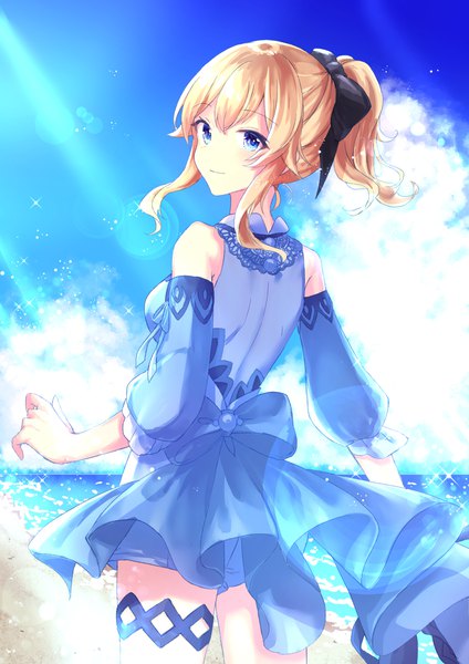 Anime picture 1000x1414 with genshin impact jean gunnhildr jean (sea breeze dandelion) (genshin impact) shiohari kanna single tall image short hair blue eyes blonde hair standing looking away sky cloud (clouds) outdoors ponytail from behind sunlight sparkle lens flare turning head