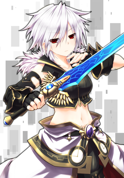 Anime picture 800x1150 with choujigen game neptune shin jigen game neptune vii lumie`re & ombres (artbook) s-sha mizunashi (second run) single tall image looking at viewer fringe short hair red eyes holding white hair girl skirt gloves weapon detached sleeves sword black gloves