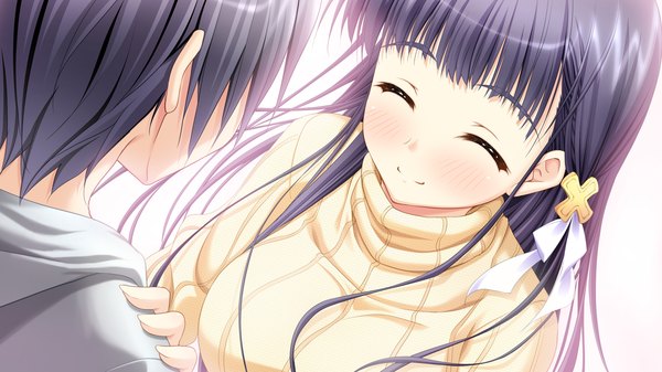 Anime picture 2560x1440 with yaneura no kanojo kirishima saki (yaneura no kanojo) dp minase (artist) long hair blush highres short hair black hair wide image game cg eyes closed couple girl boy sweater