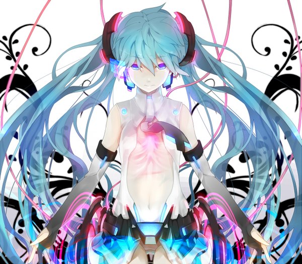 Anime picture 1317x1150 with vocaloid vocaloid append hatsune miku hatsune miku (append) ogipote single blue eyes twintails very long hair aqua hair girl gloves navel necktie elbow gloves belt headphones wire (wires)