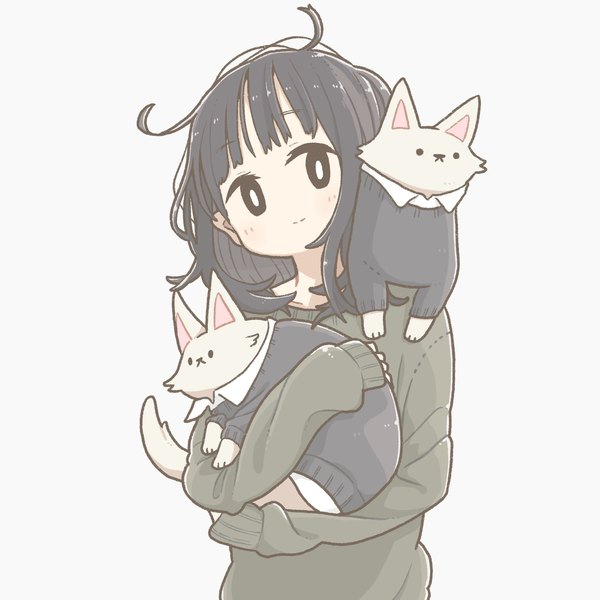 Anime picture 2048x2048 with original east sha2 single long hair highres black hair simple background smile long sleeves black eyes grey background sleeves past wrists messy hair girl animal cat sweater