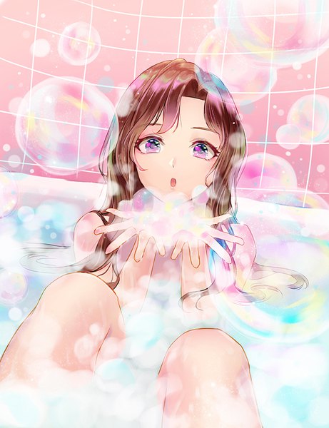 Anime picture 650x845 with original kankito single long hair tall image looking at viewer fringe open mouth light erotic brown hair sitting purple eyes bent knee (knees) indoors nude bathing girl water bubble (bubbles) bath