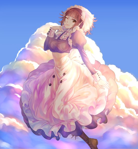Anime picture 1000x1083 with kuroshitsuji a-1 pictures maylene haneru single tall image fringe short hair breasts smile brown hair sky cloud (clouds) maid finger to mouth lacing jumping girl uniform boots