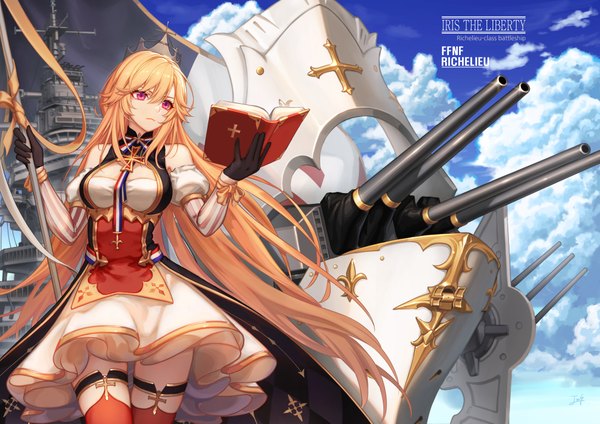 Anime picture 2000x1414 with azur lane bible richelieu (azur lane) baek hyang single long hair fringe highres breasts blonde hair hair between eyes large breasts standing bare shoulders holding signed looking away sky cloud (clouds) outdoors