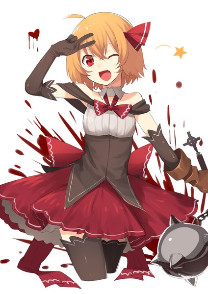 Anime picture 1200x1697 with touhou rumia sh (562835932) single tall image looking at viewer fringe short hair open mouth simple background blonde hair smile hair between eyes red eyes white background holding ahoge one eye closed fang (fangs) alternate costume