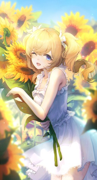 Anime picture 978x1807 with genshin impact barbara (genshin impact) pistachiocream single long hair tall image open mouth blue eyes blonde hair twintails one eye closed wink drill hair ;d girl dress flower (flowers) white dress sundress sunflower