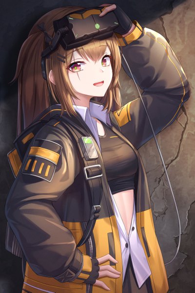 Anime picture 3325x4985 with girls frontline ump9 (girls frontline) cow-ring single long hair tall image looking at viewer fringe highres open mouth smile hair between eyes brown hair standing twintails brown eyes payot absurdres upper body :d