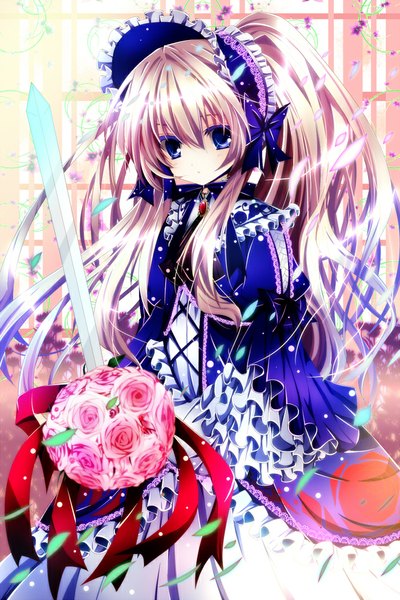 Anime picture 700x1050 with original nanase nao single long hair tall image looking at viewer blue eyes blonde hair girl dress flower (flowers) weapon sword frills bonnet bouquet