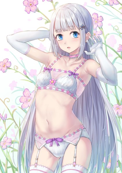 Anime picture 2894x4093 with original gohei (aoi yuugure) single long hair tall image looking at viewer blush fringe highres breasts open mouth blue eyes light erotic simple background standing white background bare shoulders payot silver hair blunt bangs